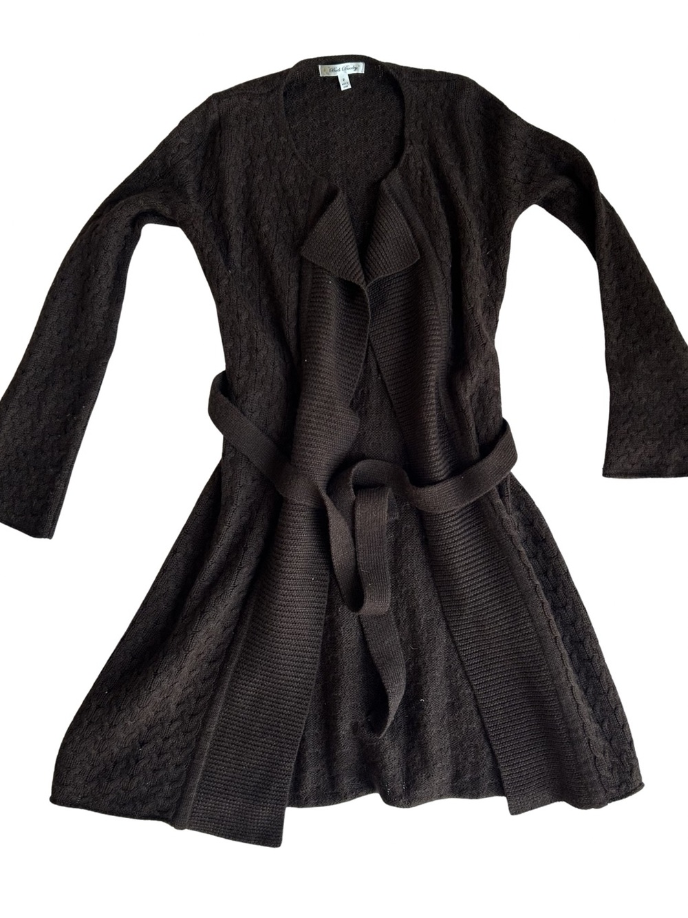 Dark Brown Ribbed Open-Front Belted Wool Cardigan